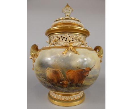 A Royal Worcester two handled vase and cover, of squat ovoid form, painted with highland cattle in a landscape by John Stinto