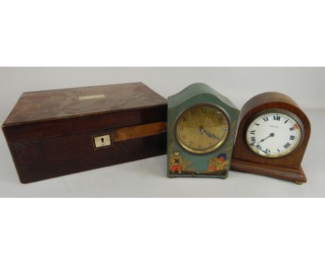 A collection of late 19th/early 20thC items, to include a mantel timepiece, the dial stamped Barnes and Sons Gainsborough, a 