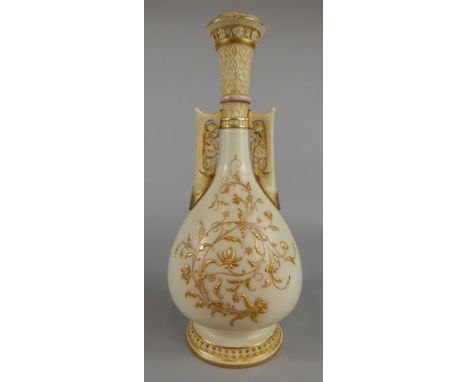 A Royal Worcester two handled ivory vase, of ovoid bottle form, applied with two stylised pierced handles to the neck, painte