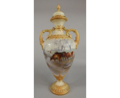 A Worcester Grainger's blush ivory two handled ovoid vase and cover, painted with a scene of cattle watering by John Stinton,