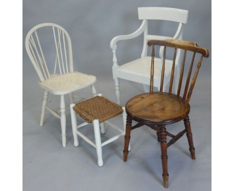 Three items of painted furniture, a Victorian open armchair, with solid seat, a Windsor chair and a stool (AF) (M)