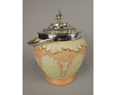 A Worcester Lock & Co biscuit barrel, with relief moulded acanthus decoration on a blush ground and gilt highlights, with EPN