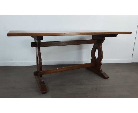CONTEMPORARY OAK REFECTORY TABLE, AND SIX DINING CHAIRS  the table with shaped supports, the chairs oak ladder back with leat