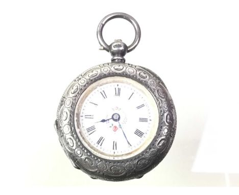 LATE 19TH CENTURY FOB WATCH, BIRMINGHAM 1886 with white enamel dial, contained in a floral engraved case