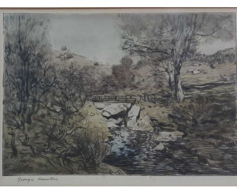 GEORGE HOUSTON RSA RSW (SCOTTISH 1869 - 1947), coloured etching on paper, signedmounted, framed and under glass, together wit