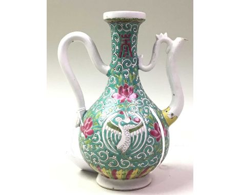 CHINESE FAMILLE ROSE WINE EWER, ALONG WITH FURTHER ASIAN ITEMS the ewer decorated with phoenix motifs and flowers, with styli