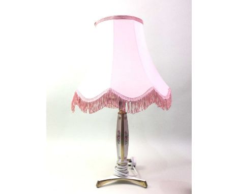 FLORAL DECORATED TABLE LAMP, AND OTHER ITEMS  the lamp with shade, along with a mantel clock and two walking sticks with bras