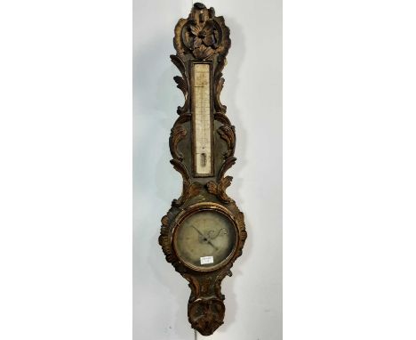 GEORGIAN BAROMETER/ THERMOMETER, in a gilt carved frame100cm high