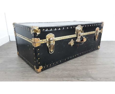 TRAVEL TRUNK, painted black with brass fittings31cm high, 82cm wide