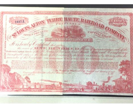 FIVE SHARE CERTIFICATES, including St Louis Alton Terre Haute Railroad Company, American Banknote Company and furtherQty: 5