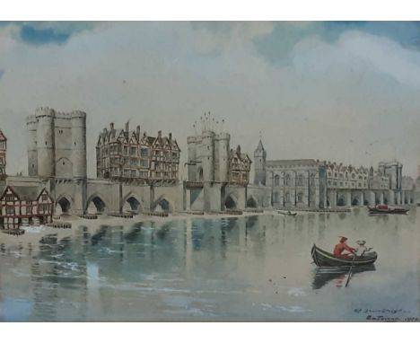 ERNEST TWINING (1875 - 1956), OLD LONDON BRIDGE watercolour, signed and dated, along with a large Victorian silk handkerchief