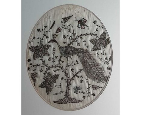 OVAL SILK PANEL OF A PEACOCK, ALONG WITH TWO OTHER PICTURES the silk panel framed, along with a framed watercolour and a fram