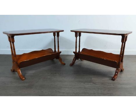 PAIR OF YEW WOOD OCCASIONAL TABLES, with book trough stretcher on turned column supports48cm x 66cm