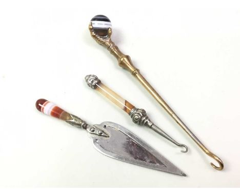 MASONIC STYLE AGATE HANDLED BOOKMARK, ALONG WITH FURTHER ITEMS the bookmark modelled as a trowel, with white metal blade, alo