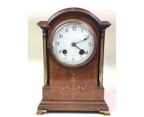 FRENCH INLAID MAHOGANY MANTEL CLOCK, with Arabic numerals, brass supports and bracket feet26cm high