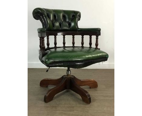 MAHOGANY CAPTAIN'S CHAIR, green leather button back upholstery