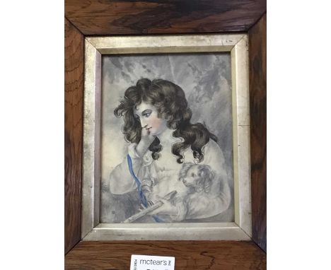 BRITISH SCHOOL, FEMALE PORTRAIT watercolour, of a girl, possibly Elizabeth Barrett Browning, along with two oak framed cerami