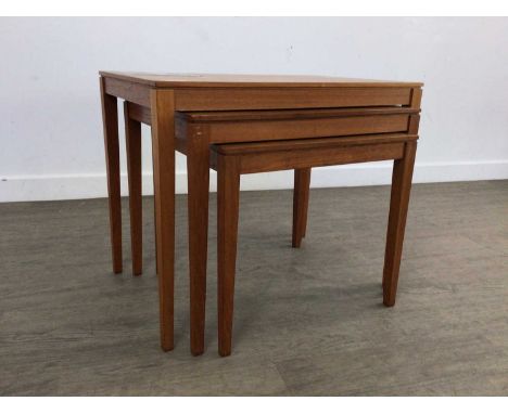 BENT SILBERG MOBLER TEAK NEST OF THREE TABLES, AND TWO STOOLS  the nest of tables with tile inset on larger table, stamped to