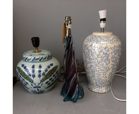 Eldon Clematis (blue) lamp, & large bulbous Chinese lampbase, & twisted glass lampbase 