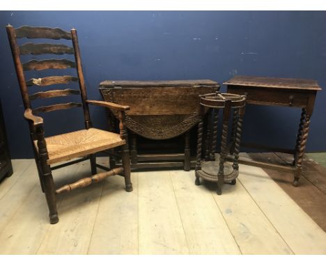 Barley twist stand, elm ladder back arm chair, torchere & standard lamp etc(6) 