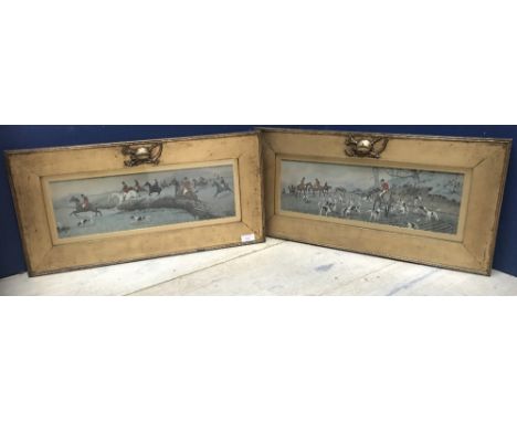 After G Wright, pair of colour prints "Hunting Scenes" 13x42 in original gilt frames embellished with Hunting whip, horn, cap