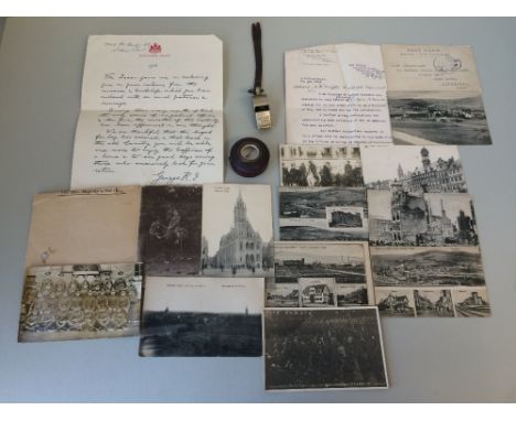 1916 Army issue trench whistle (pow) cased compass and barometer by M Dickey, documentation and postcards relating to AD Wrig