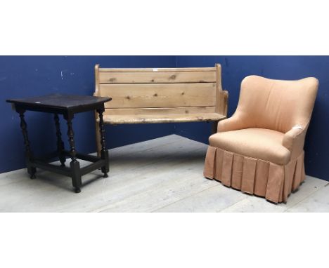 Small pine bench and oak occasional table, and small bedroom tub chair in orange upholstery 