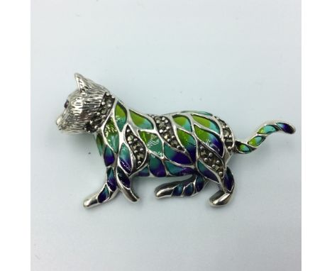 Silver plique a jour cat brooch with ruby collar 