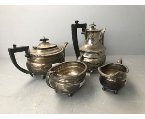 Hallmarked silver 4 piece teaset, teapot, hotwater jug, sugar bowl & milk jug. London 1928, 1930, 1931, makers mark for Golds