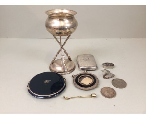 Qty of items including silver plate, coins, spoon & compact 