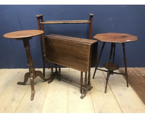 Octagonal mahogany occasional table, mahogany tripod occasional table, towel rail, and Edwardian inlaid mahogany Sutherland t