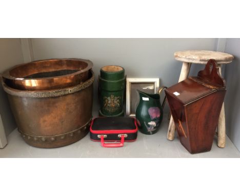 2 Large brass log buckets, wooden stool, candle box, shell carrying case with coat of arms, set of boulles etc 