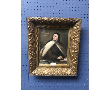 Oil on board portrait of a Nun writing a scripture 23x17cm 