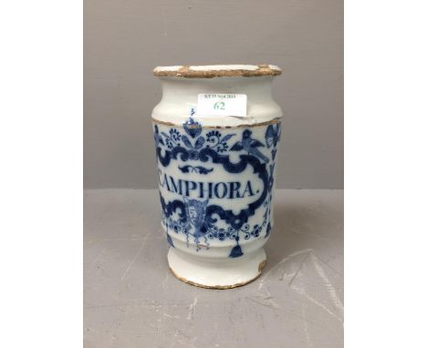 Dutch Delft Apothecary jar early C18th 'Camphora' 