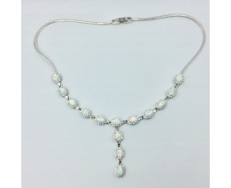 Pretty silver cz & opal paneled necklace 