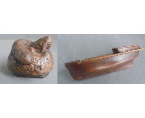 Novelty victorian papier mache snuff box in the form of dog poo, Victorian treen snuff box in the form of a ships hull