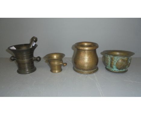 C18th bronze pestal & mortar, together with 3 other C18/19th brass mortars 