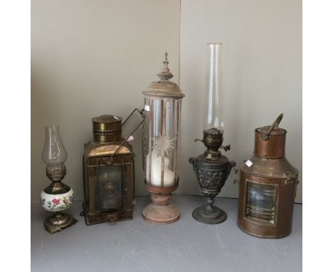 2 Hanging oil lamps (Meteorite 83917) & another1 Large table oil lamp & another1 candle lamp (5) 