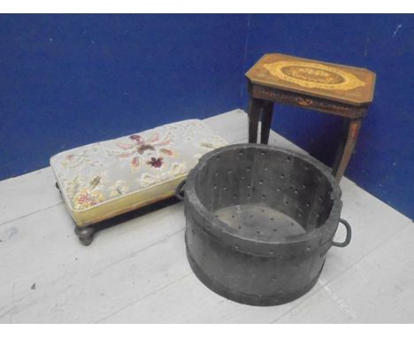 Wooden table, tapestry foot stool & wooden bucket 