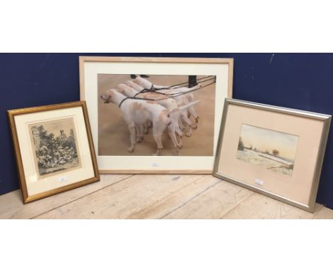 After Dodd b&w print 'Pheasant Shooting' 21 x 17 cm, coloured print of fox hounds & watercolour 'Sussex in the Snow' 