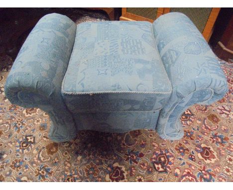 Modern scroll arm sofa upholstered in pink, together with a scroll end pouffe in blue (2) 