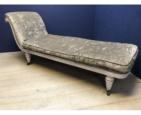 Chaise Longue, light painted frame, and recently upholstered in a light coloured velvet style fabric 
