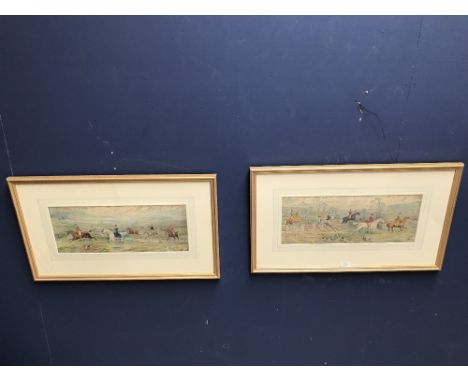 W S Sturgess, pair of framed panoramic watercolour drawings of hunting scenes, both signed & dated 1903 45 X 18cm 