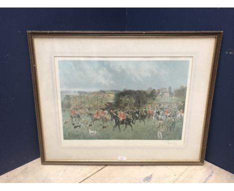 Hunting interest John King, signed equine print of hunting folk with hounds 37.5x53cm 