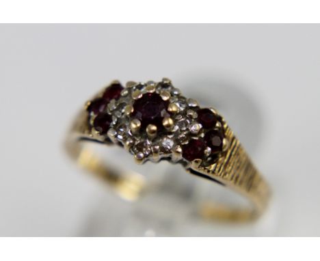 9 ct gold three oval tourmaline ring with diamond chip shoulders, size K, ATGW 1.61 ct, 1.9g of gold