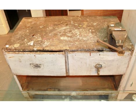 Two pine drawered work bench with vice