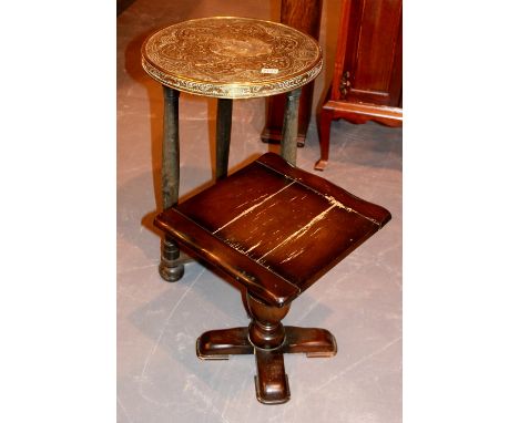 Brass topped Oriental tripod table and a heavy oak stool