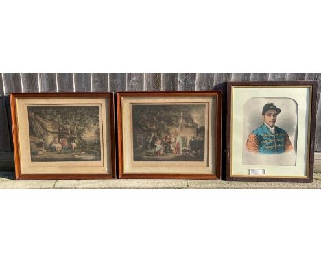 A late 19th Century coloured lithograph "The late Fred Archer" in oak frame 46cm x 36cm together with two framed prints after