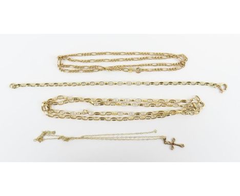 A 9ct belcher chain, 55cm, a 9ct figaro chain, 45cm, a belcher link bracelet, marked '375'; a cross set with a red stone mark