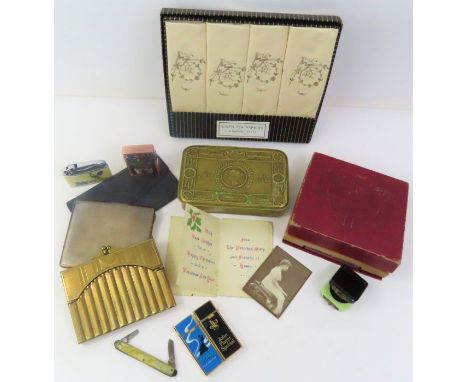 A WWI brass Princess Mary tin containing original card and photo card; a silver card case with engraved inscription inside 4.